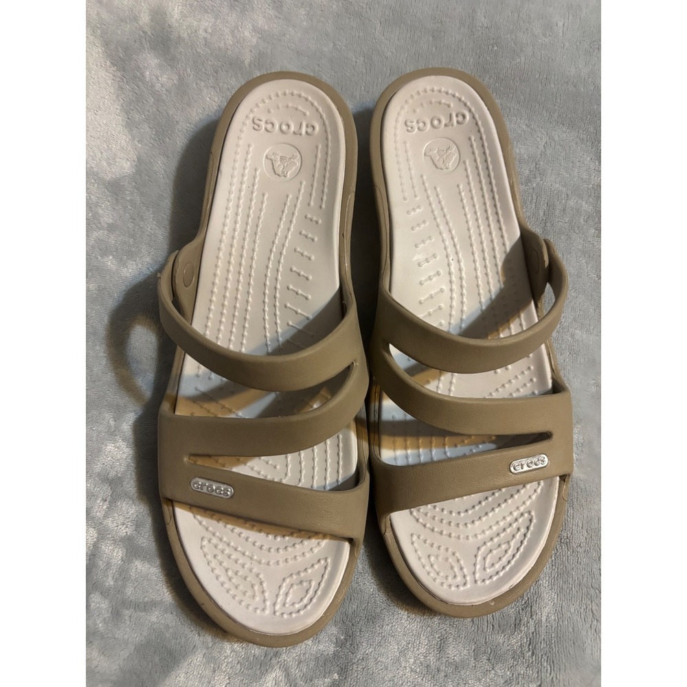 Crocs Patricia Wedge Sandals Khaki Tan White Triple Strap Slip On Womens 10